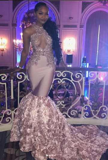 PINK LACE PROM DRESS MERMAID EVENING GOWNS WITH BOTTOM FLOWERS HZ1023